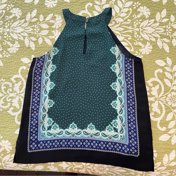 Loft Blouse Sleeveless Double Button Halter Neck Small Blue and Green - EUC - Picture 5 of 7